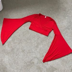 Red Crop top with V neck and bell bottom long sleeves